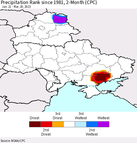 Ukraine, Moldova and Belarus Precipitation Rank since 1981, 2-Month (CPC) Thematic Map For 1/21/2023 - 3/20/2023