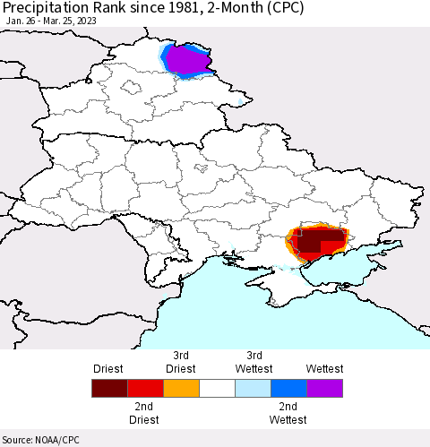 Ukraine, Moldova and Belarus Precipitation Rank since 1981, 2-Month (CPC) Thematic Map For 1/26/2023 - 3/25/2023