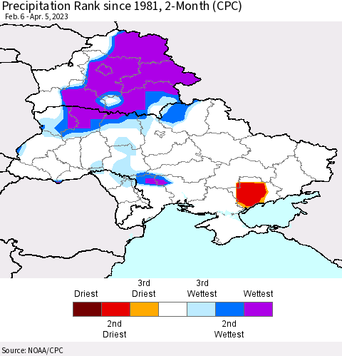 Ukraine, Moldova and Belarus Precipitation Rank since 1981, 2-Month (CPC) Thematic Map For 2/6/2023 - 4/5/2023