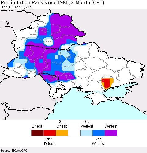 Ukraine, Moldova and Belarus Precipitation Rank since 1981, 2-Month (CPC) Thematic Map For 2/11/2023 - 4/10/2023