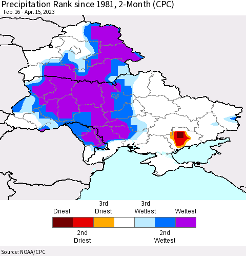 Ukraine, Moldova and Belarus Precipitation Rank since 1981, 2-Month (CPC) Thematic Map For 2/16/2023 - 4/15/2023