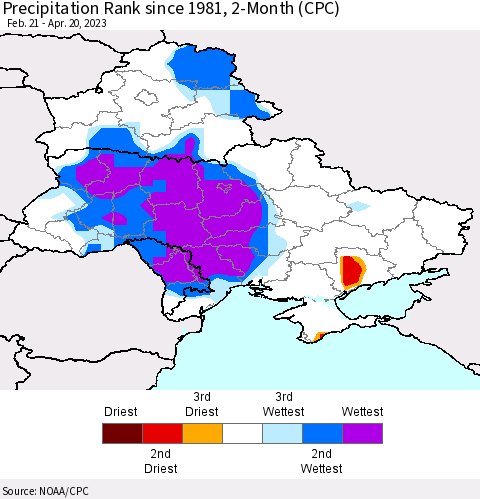 Ukraine, Moldova and Belarus Precipitation Rank since 1981, 2-Month (CPC) Thematic Map For 2/21/2023 - 4/20/2023
