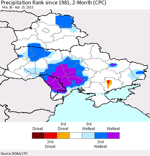 Ukraine, Moldova and Belarus Precipitation Rank since 1981, 2-Month (CPC) Thematic Map For 2/26/2023 - 4/25/2023