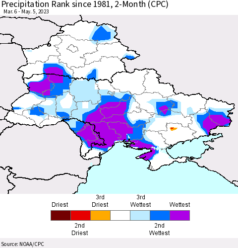 Ukraine, Moldova and Belarus Precipitation Rank since 1981, 2-Month (CPC) Thematic Map For 3/6/2023 - 5/5/2023