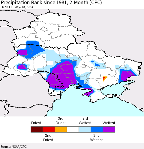 Ukraine, Moldova and Belarus Precipitation Rank since 1981, 2-Month (CPC) Thematic Map For 3/11/2023 - 5/10/2023