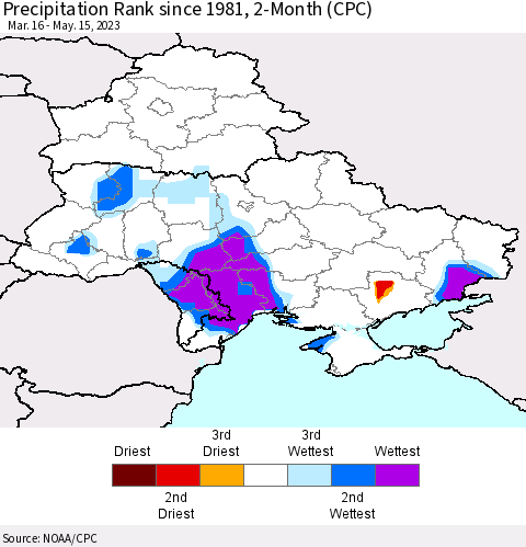 Ukraine, Moldova and Belarus Precipitation Rank since 1981, 2-Month (CPC) Thematic Map For 3/16/2023 - 5/15/2023