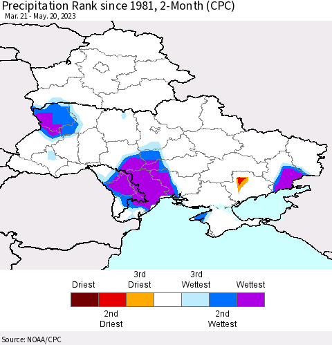 Ukraine, Moldova and Belarus Precipitation Rank since 1981, 2-Month (CPC) Thematic Map For 3/21/2023 - 5/20/2023