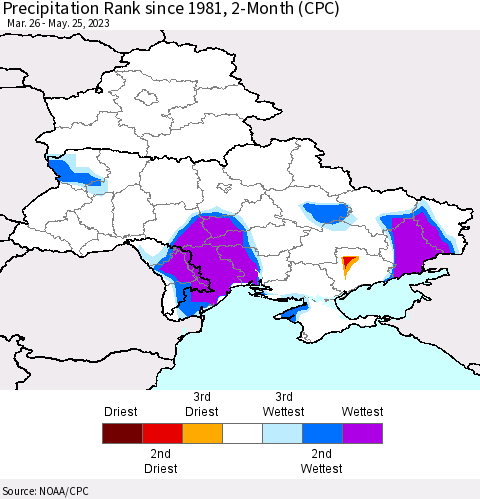Ukraine, Moldova and Belarus Precipitation Rank since 1981, 2-Month (CPC) Thematic Map For 3/26/2023 - 5/25/2023