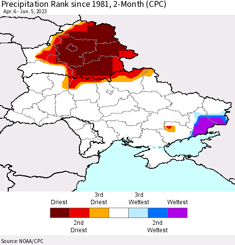 Ukraine, Moldova and Belarus Precipitation Rank since 1981, 2-Month (CPC) Thematic Map For 4/6/2023 - 6/5/2023