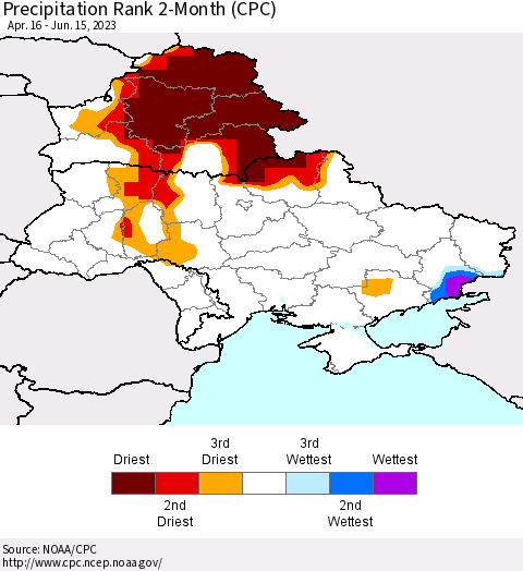 Ukraine, Moldova and Belarus Precipitation Rank since 1981, 2-Month (CPC) Thematic Map For 4/16/2023 - 6/15/2023