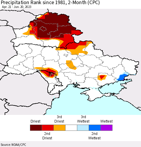Ukraine, Moldova and Belarus Precipitation Rank since 1981, 2-Month (CPC) Thematic Map For 4/21/2023 - 6/20/2023