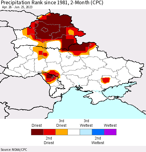Ukraine, Moldova and Belarus Precipitation Rank since 1981, 2-Month (CPC) Thematic Map For 4/26/2023 - 6/25/2023