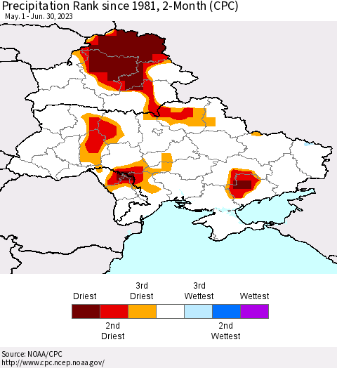 Ukraine, Moldova and Belarus Precipitation Rank since 1981, 2-Month (CPC) Thematic Map For 5/1/2023 - 6/30/2023