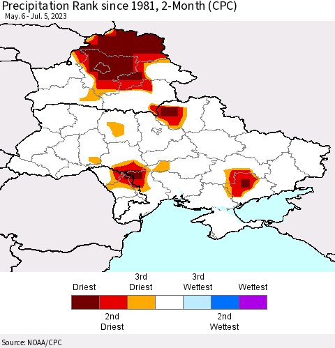 Ukraine, Moldova and Belarus Precipitation Rank since 1981, 2-Month (CPC) Thematic Map For 5/6/2023 - 7/5/2023