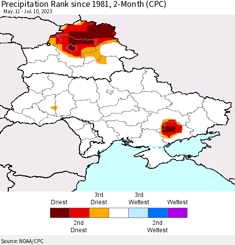Ukraine, Moldova and Belarus Precipitation Rank since 1981, 2-Month (CPC) Thematic Map For 5/11/2023 - 7/10/2023