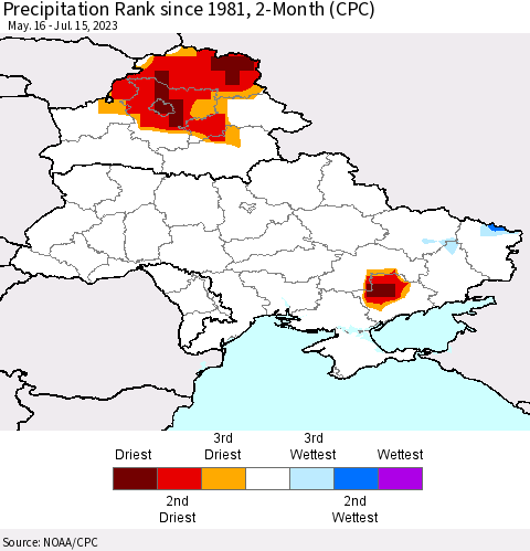 Ukraine, Moldova and Belarus Precipitation Rank since 1981, 2-Month (CPC) Thematic Map For 5/16/2023 - 7/15/2023