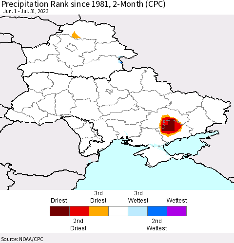 Ukraine, Moldova and Belarus Precipitation Rank since 1981, 2-Month (CPC) Thematic Map For 6/1/2023 - 7/31/2023