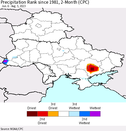 Ukraine, Moldova and Belarus Precipitation Rank since 1981, 2-Month (CPC) Thematic Map For 6/6/2023 - 8/5/2023