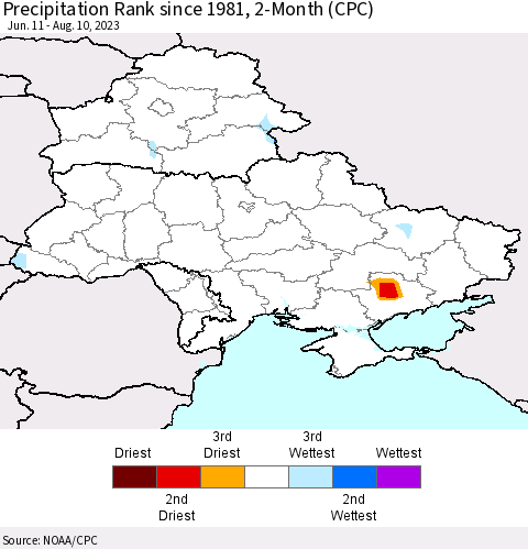 Ukraine, Moldova and Belarus Precipitation Rank since 1981, 2-Month (CPC) Thematic Map For 6/11/2023 - 8/10/2023