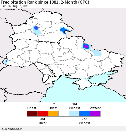 Ukraine, Moldova and Belarus Precipitation Rank since 1981, 2-Month (CPC) Thematic Map For 6/16/2023 - 8/15/2023