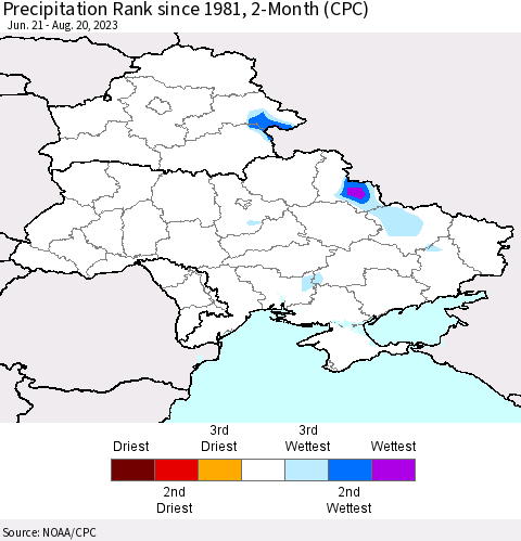 Ukraine, Moldova and Belarus Precipitation Rank since 1981, 2-Month (CPC) Thematic Map For 6/21/2023 - 8/20/2023