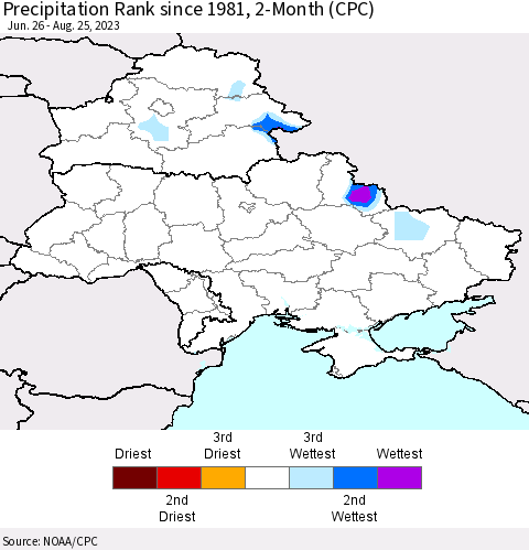 Ukraine, Moldova and Belarus Precipitation Rank since 1981, 2-Month (CPC) Thematic Map For 6/26/2023 - 8/25/2023