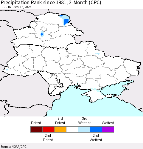 Ukraine, Moldova and Belarus Precipitation Rank since 1981, 2-Month (CPC) Thematic Map For 7/16/2023 - 9/15/2023