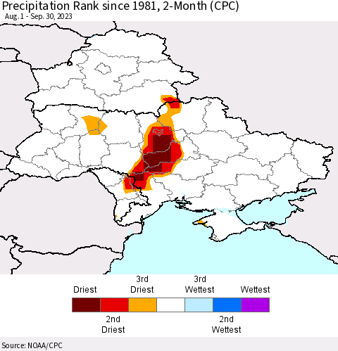 Ukraine, Moldova and Belarus Precipitation Rank since 1981, 2-Month (CPC) Thematic Map For 8/1/2023 - 9/30/2023
