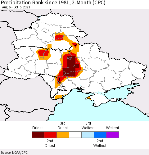 Ukraine, Moldova and Belarus Precipitation Rank since 1981, 2-Month (CPC) Thematic Map For 8/6/2023 - 10/5/2023
