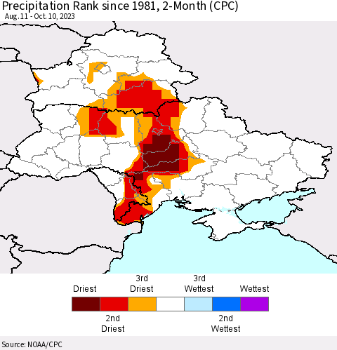 Ukraine, Moldova and Belarus Precipitation Rank since 1981, 2-Month (CPC) Thematic Map For 8/11/2023 - 10/10/2023