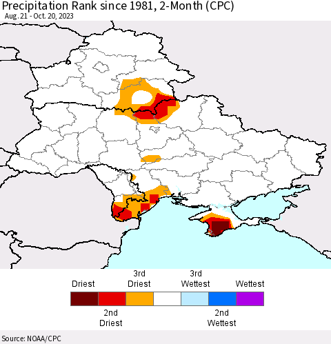 Ukraine, Moldova and Belarus Precipitation Rank since 1981, 2-Month (CPC) Thematic Map For 8/21/2023 - 10/20/2023