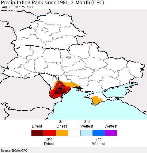Ukraine, Moldova and Belarus Precipitation Rank since 1981, 2-Month (CPC) Thematic Map For 8/26/2023 - 10/25/2023