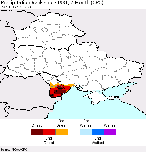 Ukraine, Moldova and Belarus Precipitation Rank since 1981, 2-Month (CPC) Thematic Map For 9/1/2023 - 10/31/2023