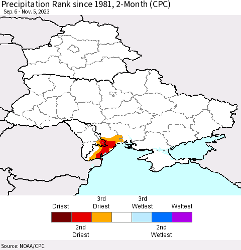 Ukraine, Moldova and Belarus Precipitation Rank since 1981, 2-Month (CPC) Thematic Map For 9/6/2023 - 11/5/2023