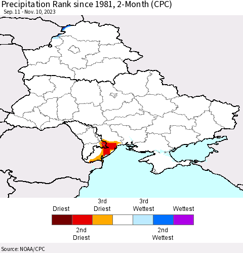 Ukraine, Moldova and Belarus Precipitation Rank since 1981, 2-Month (CPC) Thematic Map For 9/11/2023 - 11/10/2023