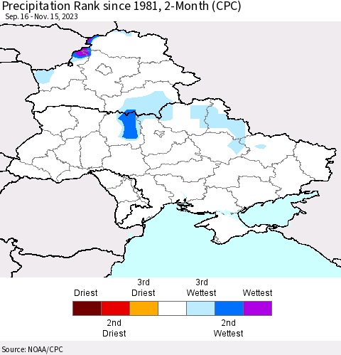 Ukraine, Moldova and Belarus Precipitation Rank since 1981, 2-Month (CPC) Thematic Map For 9/16/2023 - 11/15/2023