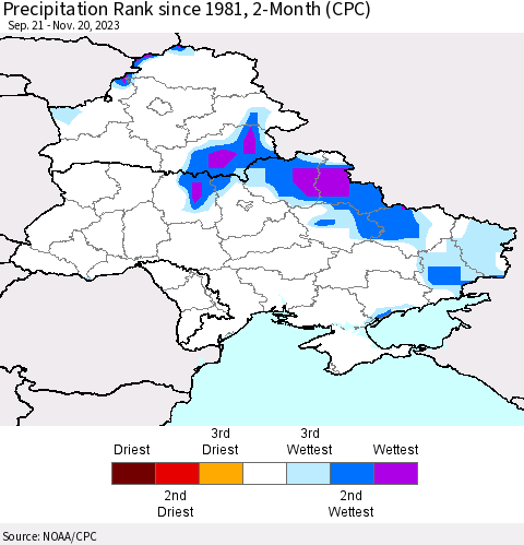 Ukraine, Moldova and Belarus Precipitation Rank since 1981, 2-Month (CPC) Thematic Map For 9/21/2023 - 11/20/2023