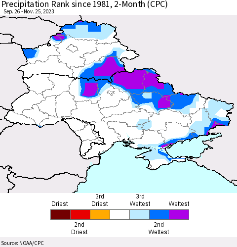 Ukraine, Moldova and Belarus Precipitation Rank since 1981, 2-Month (CPC) Thematic Map For 9/26/2023 - 11/25/2023
