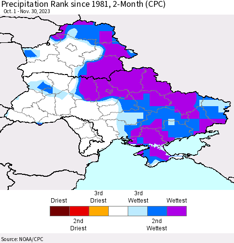 Ukraine, Moldova and Belarus Precipitation Rank since 1981, 2-Month (CPC) Thematic Map For 10/1/2023 - 11/30/2023