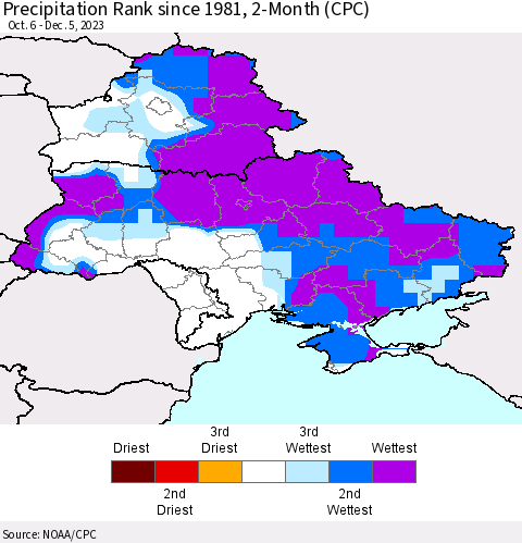Ukraine, Moldova and Belarus Precipitation Rank since 1981, 2-Month (CPC) Thematic Map For 10/6/2023 - 12/5/2023