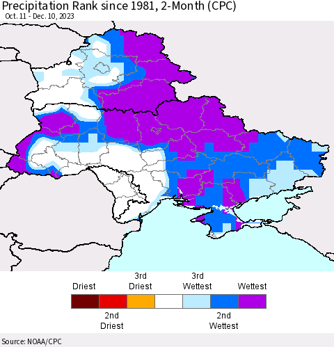 Ukraine, Moldova and Belarus Precipitation Rank since 1981, 2-Month (CPC) Thematic Map For 10/11/2023 - 12/10/2023