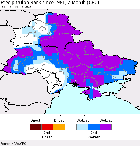 Ukraine, Moldova and Belarus Precipitation Rank since 1981, 2-Month (CPC) Thematic Map For 10/16/2023 - 12/15/2023