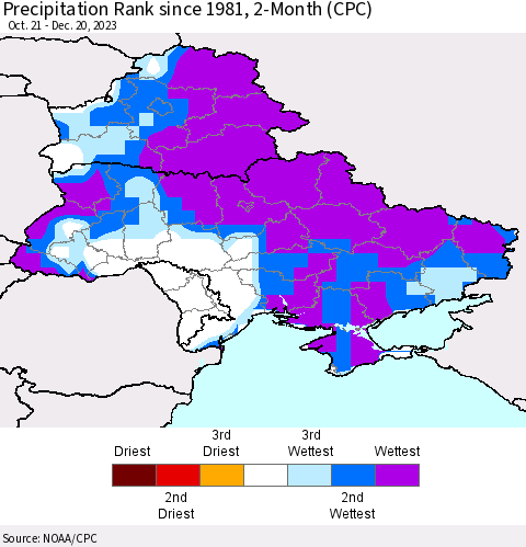 Ukraine, Moldova and Belarus Precipitation Rank since 1981, 2-Month (CPC) Thematic Map For 10/21/2023 - 12/20/2023