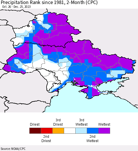 Ukraine, Moldova and Belarus Precipitation Rank since 1981, 2-Month (CPC) Thematic Map For 10/26/2023 - 12/25/2023
