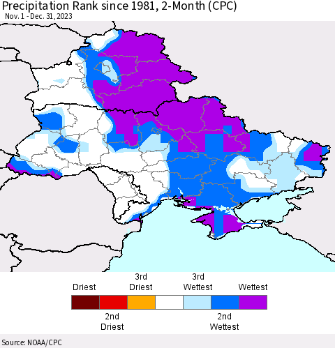 Ukraine, Moldova and Belarus Precipitation Rank since 1981, 2-Month (CPC) Thematic Map For 11/1/2023 - 12/31/2023