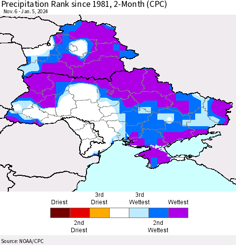 Ukraine, Moldova and Belarus Precipitation Rank since 1981, 2-Month (CPC) Thematic Map For 11/6/2023 - 1/5/2024