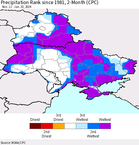 Ukraine, Moldova and Belarus Precipitation Rank since 1981, 2-Month (CPC) Thematic Map For 11/11/2023 - 1/10/2024