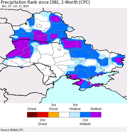 Ukraine, Moldova and Belarus Precipitation Rank since 1981, 2-Month (CPC) Thematic Map For 11/16/2023 - 1/15/2024