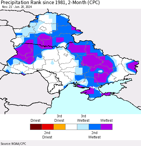 Ukraine, Moldova and Belarus Precipitation Rank since 1981, 2-Month (CPC) Thematic Map For 11/21/2023 - 1/20/2024