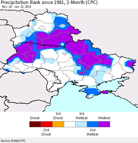 Ukraine, Moldova and Belarus Precipitation Rank since 1981, 2-Month (CPC) Thematic Map For 11/26/2023 - 1/25/2024